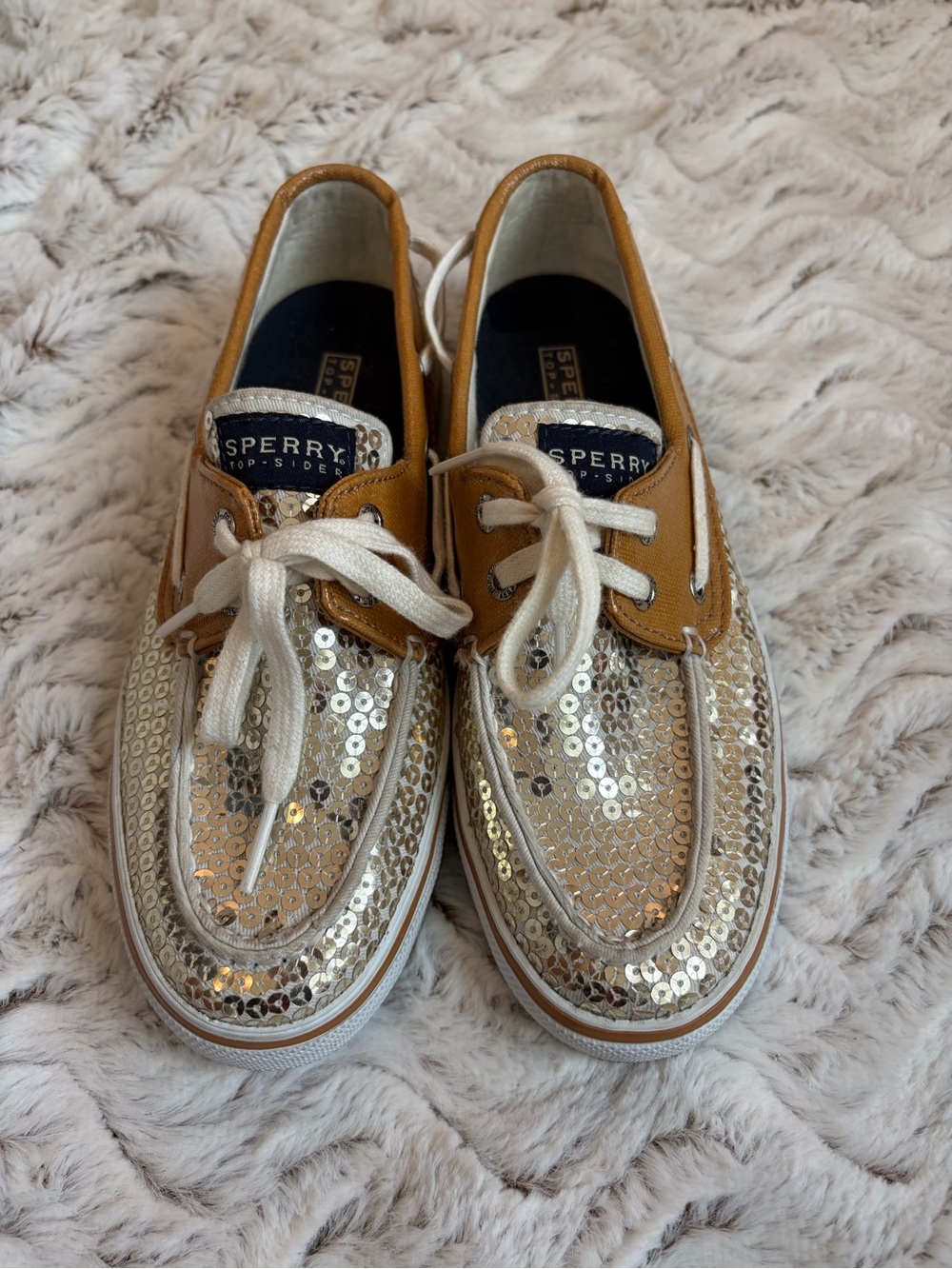 Sperry Women’s Silver Sequin Lace-Up Boat Shoes with Tan Trim